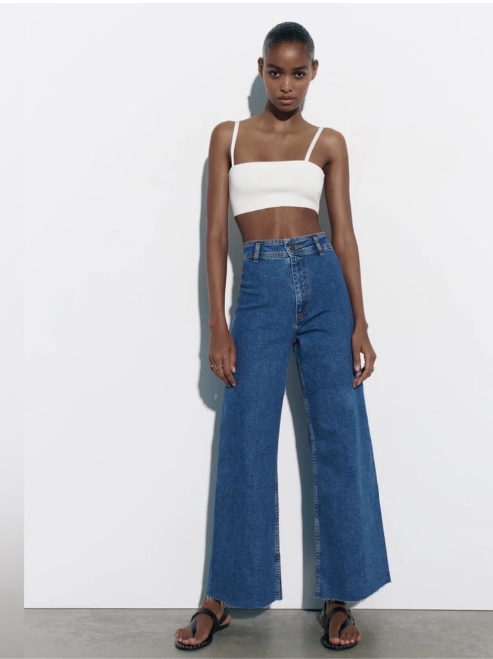 Zara Marine Straight Leg High Rise Raw Hem Jeans 2